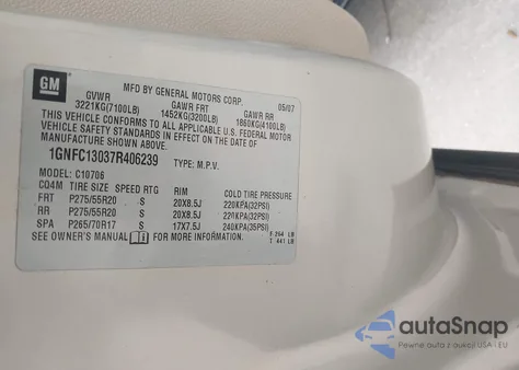 2007 Chevrolet Tahoe Lt from USA, damaged, VIN 1GNFC13037R406239